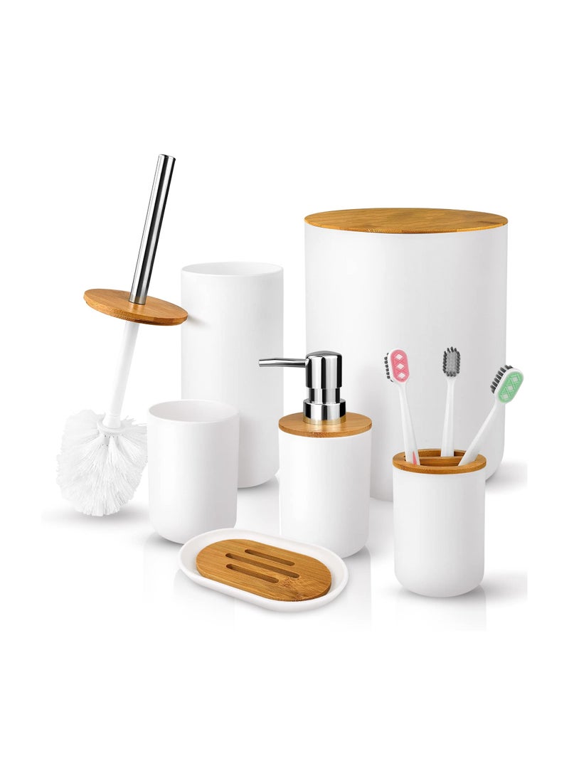 Mimelon Bathroom Accessory Set 6 PC Bamboo White Bathroom Set Includes Toothbrush Cup & Holder Soap Dispenser Soap Dish Durable Toilet Brush with Holder  - Image 1