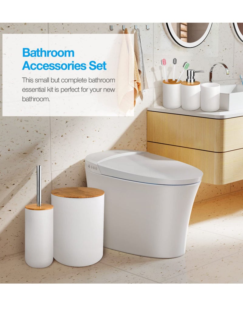 Mimelon Bathroom Accessory Set 6 PC Bamboo White Bathroom Set Includes Toothbrush Cup & Holder Soap Dispenser Soap Dish Durable Toilet Brush with Holder  - Image 3