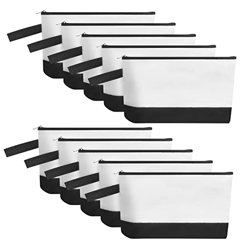 Sinzip 10 Pieces Cotton Canvas Makeup Bag with Bottom and Strap MultiPurpose Cosmetic Bag with Zipper Travel Toiletry Pouch Blank DIY Craft Bag WhiteBlack XS - Image 1