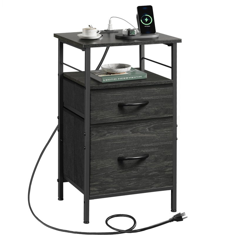 WLIVE Nightstand with Charging Station Side Table with 2 Fabric Drawers End Tables for Bedroom Small Dresser USB Ports and Outlets Charcoal Black
