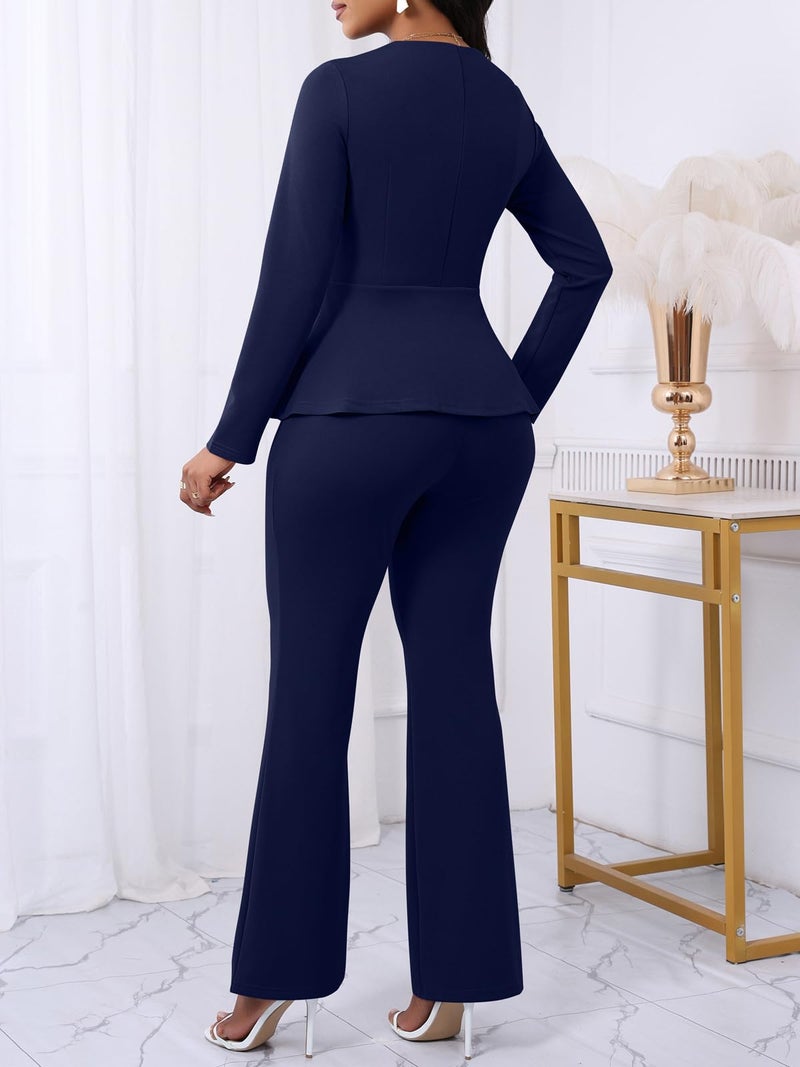 Ekaliy Womens Formal Two Piece Blazer Set Ruffle Pelplum 2 Piece Business Work Outfits Navy Blue Pant Suit M - Image 4