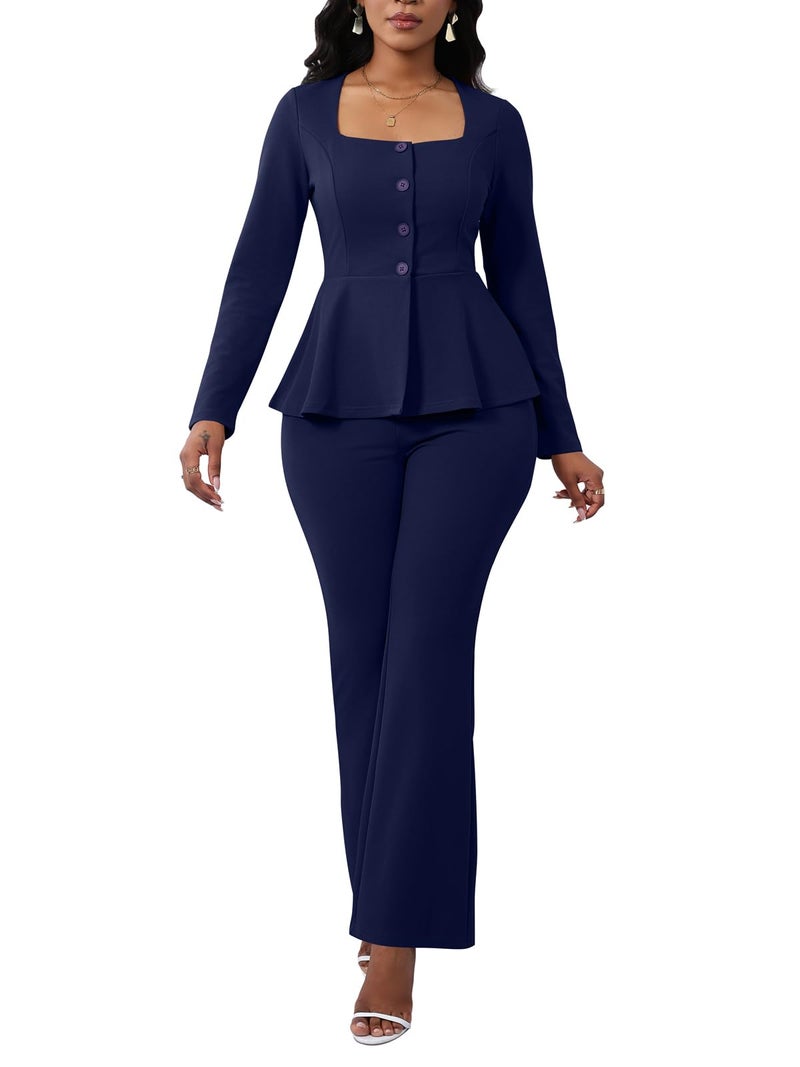 Ekaliy Womens Formal Two Piece Blazer Set Ruffle Pelplum 2 Piece Business Work Outfits Navy Blue Pant Suit M - Image 1