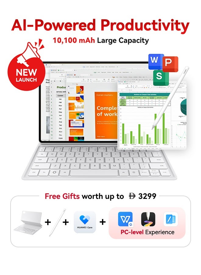 هواوي MatePad Air PaperMatte Tablet 12-inch White 8GB RAM 256GB WiFi With WPS Office, Smart Magnetic Keyboard, 66W SuperCharge + FOC - Middle East Version - Image 1
