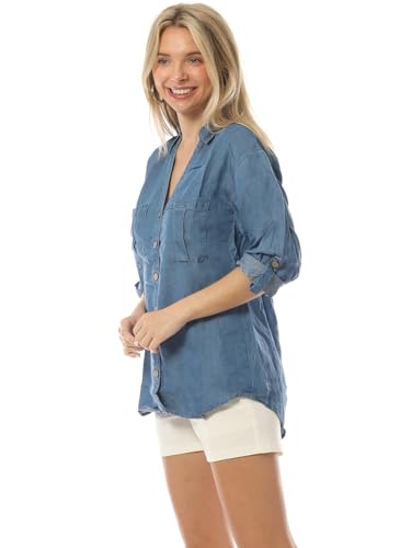 MixMatchy Women's Casual Basic Roll Up Sleeve Denim Chambray V-Neck Tencel Button Down Shirt Medium Denim L - Image 5