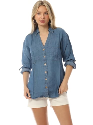 MixMatchy Women's Casual Basic Roll Up Sleeve Denim Chambray V-Neck Tencel Button Down Shirt Medium Denim L - Image 4
