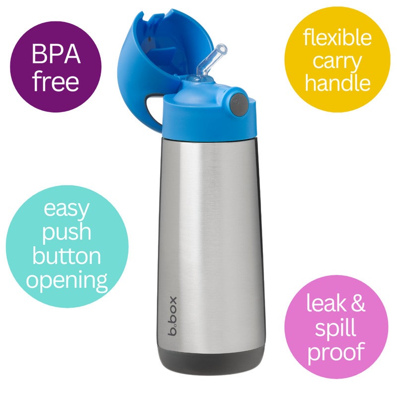 B.Box Insulated Drink Bottle with Straw | Stainless Steel Water Bottle for Kids 3+ Years | Push Button Lid | BPA-Free | Keeps Drinks Cold up to 15 Hours | 500ml (17 fl oz)-Blue Slate - Image 2