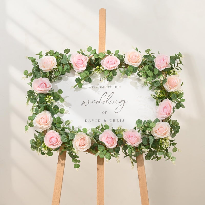 Dolicer 2Pcs 13Ft Artificial Eucalyptus Garlands with Flowers - 8 Roses, Faux Floral Greenery Garlands Fake Flowers Vines for Wedding Table Centerpieces Arch Party Ceremony Backdrop Decor (Pink) - Image 3