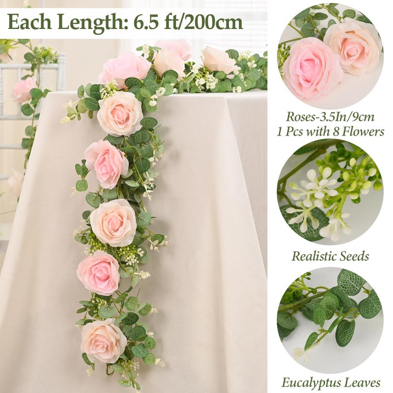Dolicer 2Pcs 13Ft Artificial Eucalyptus Garlands with Flowers - 8 Roses, Faux Floral Greenery Garlands Fake Flowers Vines for Wedding Table Centerpieces Arch Party Ceremony Backdrop Decor (Pink) - Image 5