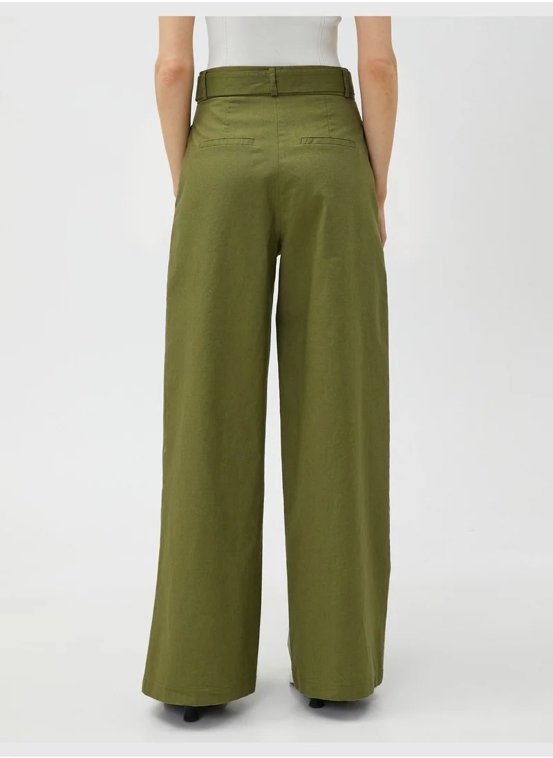 KOTON Linen Blended Trousers Wide Leg Belted