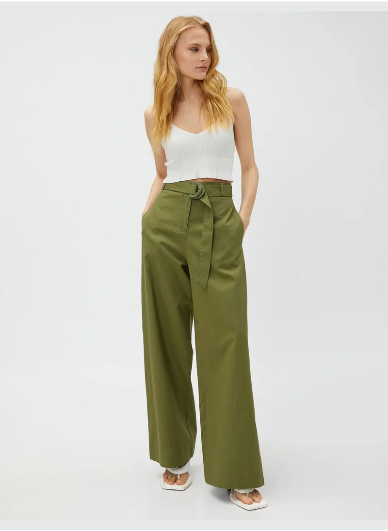 KOTON Linen Blended Trousers Wide Leg Belted