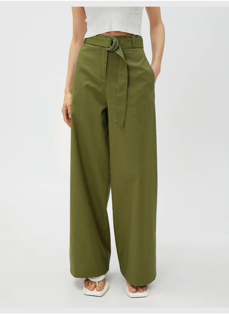 KOTON Linen Blended Trousers Wide Leg Belted