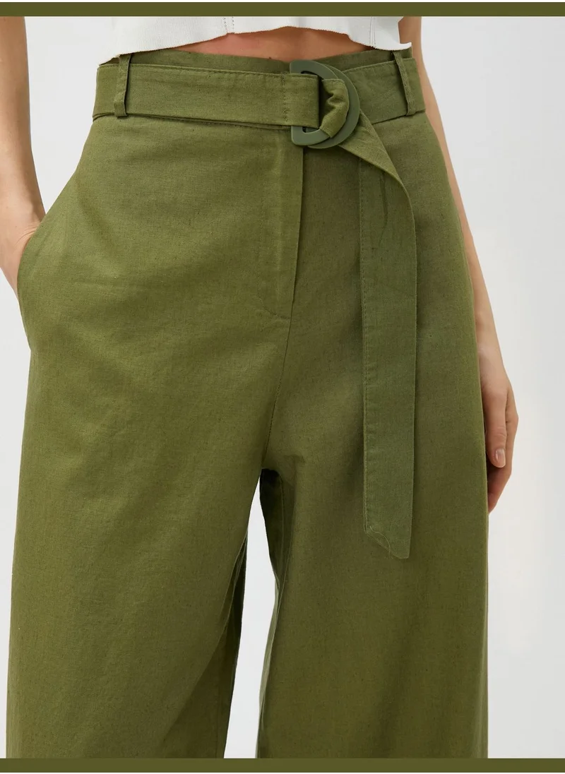 KOTON Linen Blended Trousers Wide Leg Belted