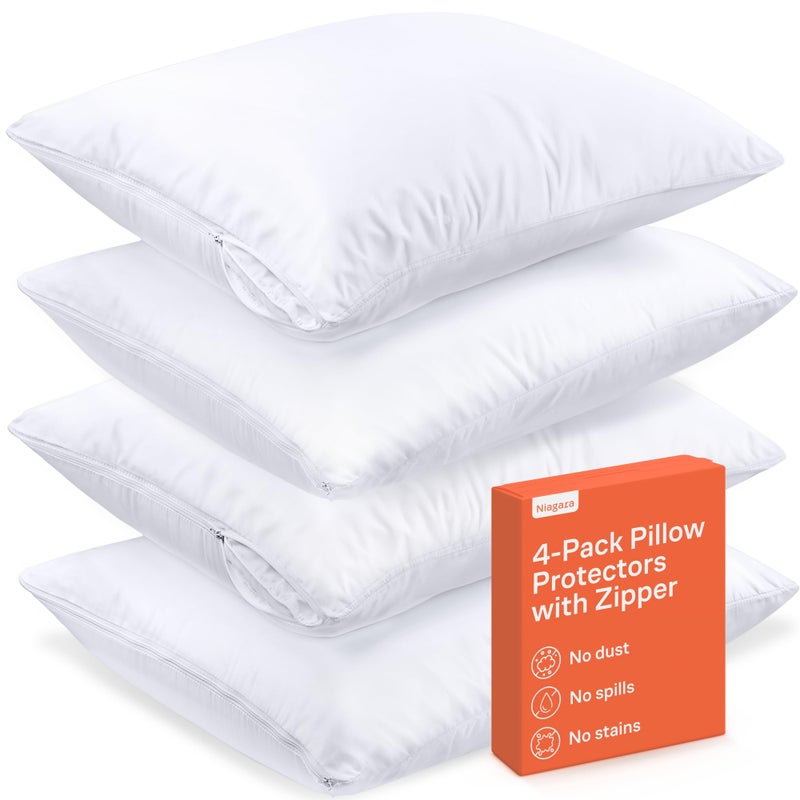 Niagara Sleep Solution Ultra Soft Pillow Protectors with Zipper Standard Size - Set of 4 Breathable Pillow Covers - 100% Protection Against Stains, Dust & Dirt - Machine Washable (White) - Image 1