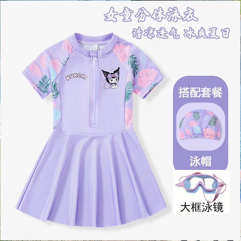 Generic Kulomi Swimsuit Girls one-piece skirt 2025 New Summer Quick-drying Sunscreen Swimsuit Pants for Middle and Big Kids and Little Girls 6012 # Purple + swimming cap + large frame swimming goggles, free safety pants