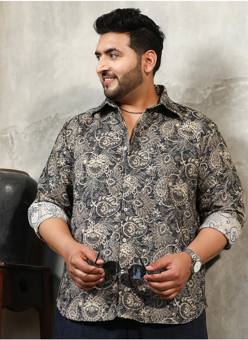 انستافاب بلس Instafab Plus Men's Navy Blue Paisley-Galleria Shirt For Casual Wear | Spread Collar | Long Cuffed Sleeves | Button Closure | Plus Size Shirt Crafted With Comfort Fit For Everyday Wear