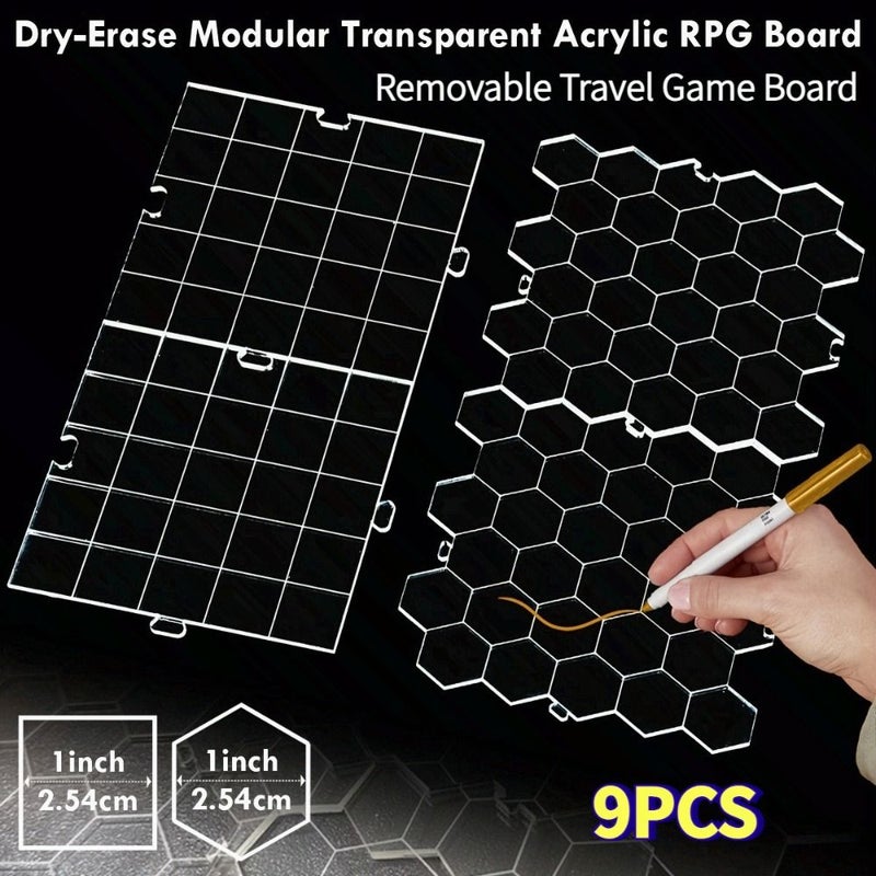 9Pcs Reusable Erasable Acrylic Modular Game Boards With Grids For DND And War Games - Image 1