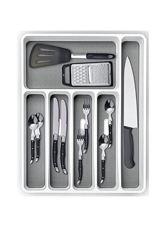 RYNX Sierware Drawer Organizer  Non Slip Utensil Tray Narrow Kitchen Cutlery Tray Drawer Organizers Plastic 6 artment Gray Tray  - Image 1
