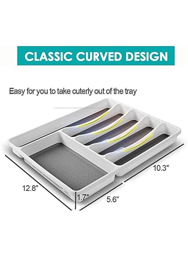 RYNX Sierware Drawer Organizer  Non Slip Utensil Tray Narrow Kitchen Cutlery Tray Drawer Organizers Plastic 6 artment Gray Tray  - Image 5