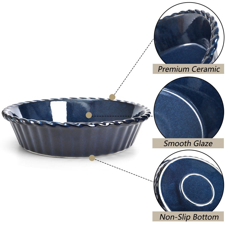 Peohud 2 Pack Ceramic Pie Pans, 10 Inch Deep Fluted Pie Plate, 54 Ounce Round Baking Dish for Quiche, Apple Pecan Pie, Pot Pie, Blue - Image 3