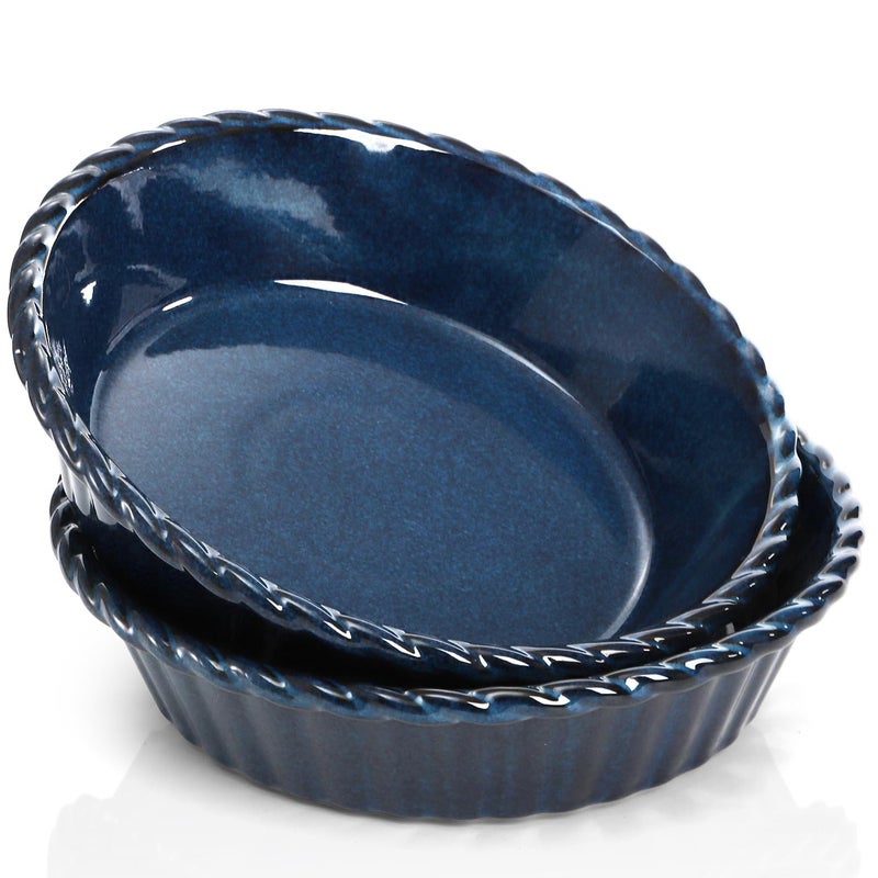 Peohud 2 Pack Ceramic Pie Pans, 10 Inch Deep Fluted Pie Plate, 54 Ounce Round Baking Dish for Quiche, Apple Pecan Pie, Pot Pie, Blue - Image 1