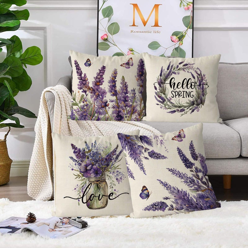 GAGEC Spring Pillow Covers 18x18 Inch Set of 4 Lavender Floral Throw Pillowcase Purple Home Sofa Bedroom Living Room Holiday Cushion Case Farmhouse Decorations - Image 3