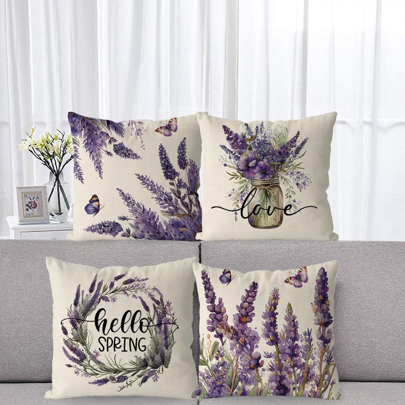 GAGEC Spring Pillow Covers 18x18 Inch Set of 4 Lavender Floral Throw Pillowcase Purple Home Sofa Bedroom Living Room Holiday Cushion Case Farmhouse Decorations - Image 2