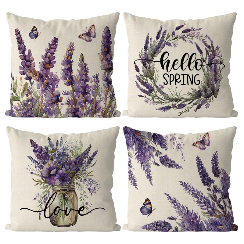 GAGEC Spring Pillow Covers 18x18 Inch Set of 4 Lavender Floral Throw Pillowcase Purple Home Sofa Bedroom Living Room Holiday Cushion Case Farmhouse Decorations - Image 1