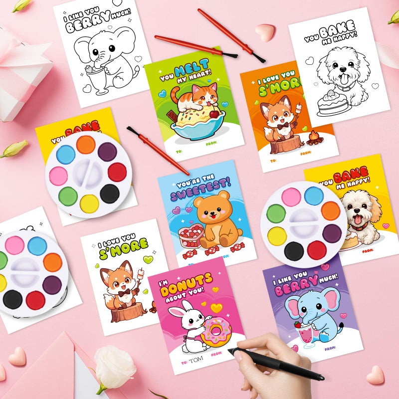 TooyBing Valentines Day Cards for Kids School, 24 Pack Watercolor Paint Sets with Greeting Cards, Valentines Day Gifts for Kids Classroom Prize Exchange Gifts, Valentine Party Favors for Boys Girls - Image 5