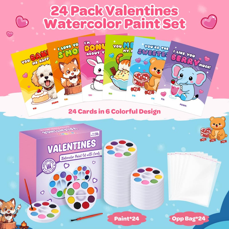 TooyBing Valentines Day Cards for Kids School, 24 Pack Watercolor Paint Sets with Greeting Cards, Valentines Day Gifts for Kids Classroom Prize Exchange Gifts, Valentine Party Favors for Boys Girls - Image 3