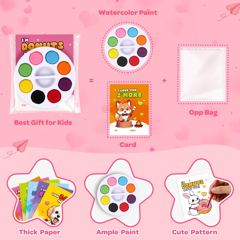 TooyBing Valentines Day Cards for Kids School, 24 Pack Watercolor Paint Sets with Greeting Cards, Valentines Day Gifts for Kids Classroom Prize Exchange Gifts, Valentine Party Favors for Boys Girls - Image 4