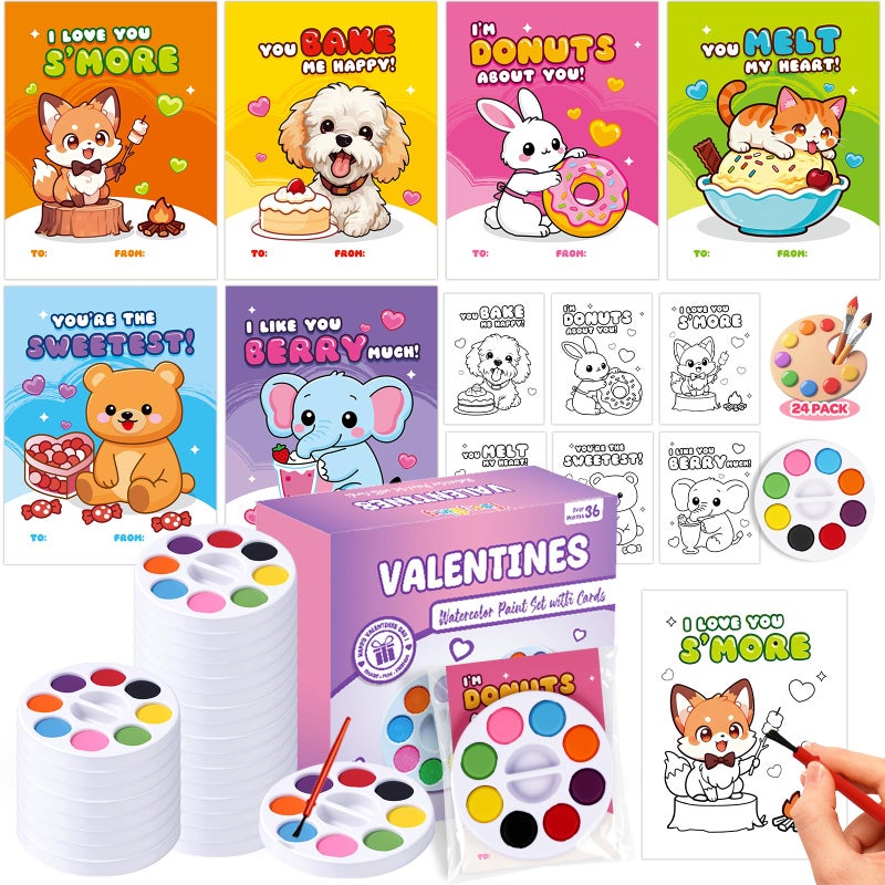 TooyBing Valentines Day Cards for Kids School, 24 Pack Watercolor Paint Sets with Greeting Cards, Valentines Day Gifts for Kids Classroom Prize Exchange Gifts, Valentine Party Favors for Boys Girls - Image 1