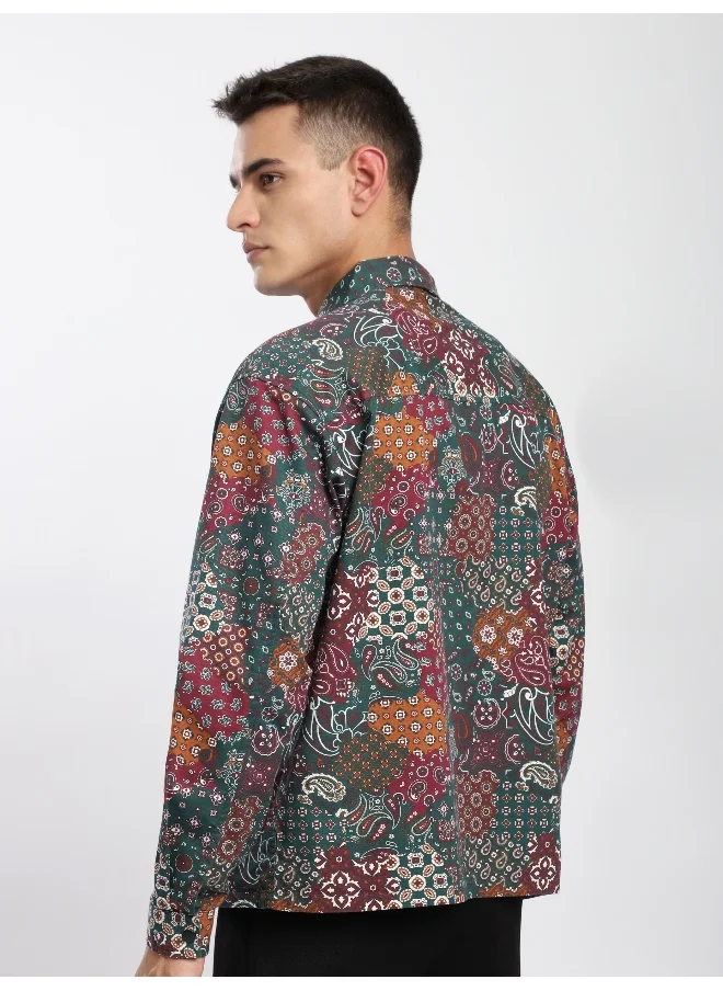 Beyoung Green Paisley Printed Zipper Shacket