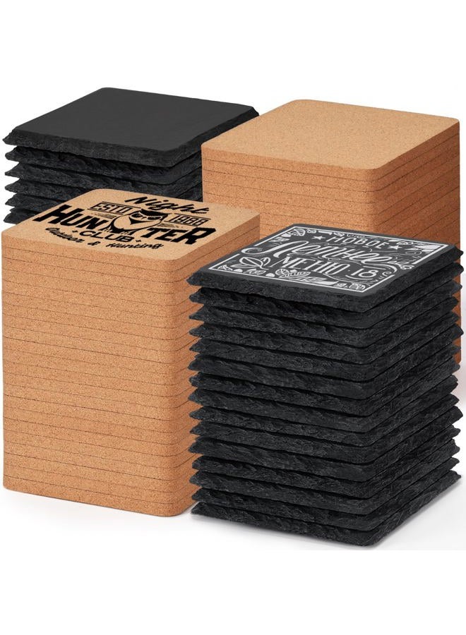 MAPRIAL 100 PCS Coaster Bulk for Laser Engraving, MAPRIAL 4 Inch 50 PCS Blanks Black Handmade Slate Stone Coasters, 50 PCS Cork Coasters, Engravable Materials for Engraver, Gifts, Crafts, Square - Image 1