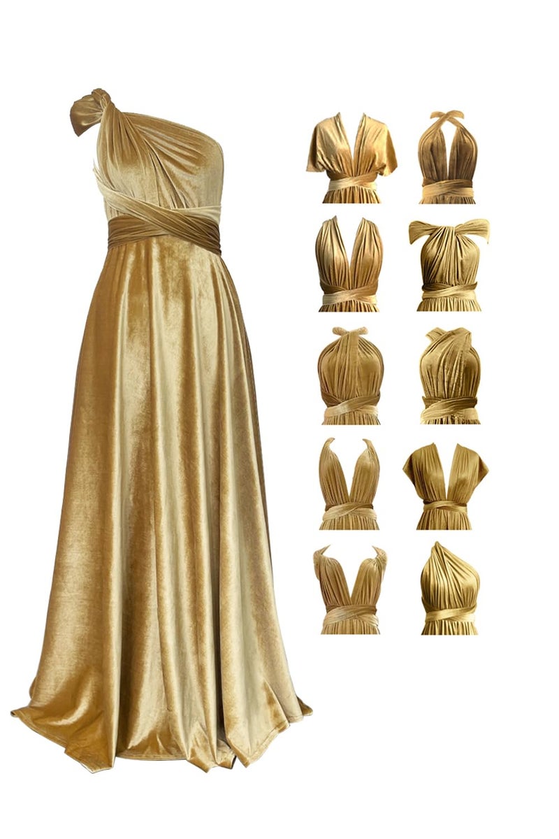 72styles Velvet Infinity Dress with Bandeau,Convertible Bridesmaid Dresses,Plus Size Velvet Wrap Maxi Long Dress Multiway Formal Dress Gold - Image 1