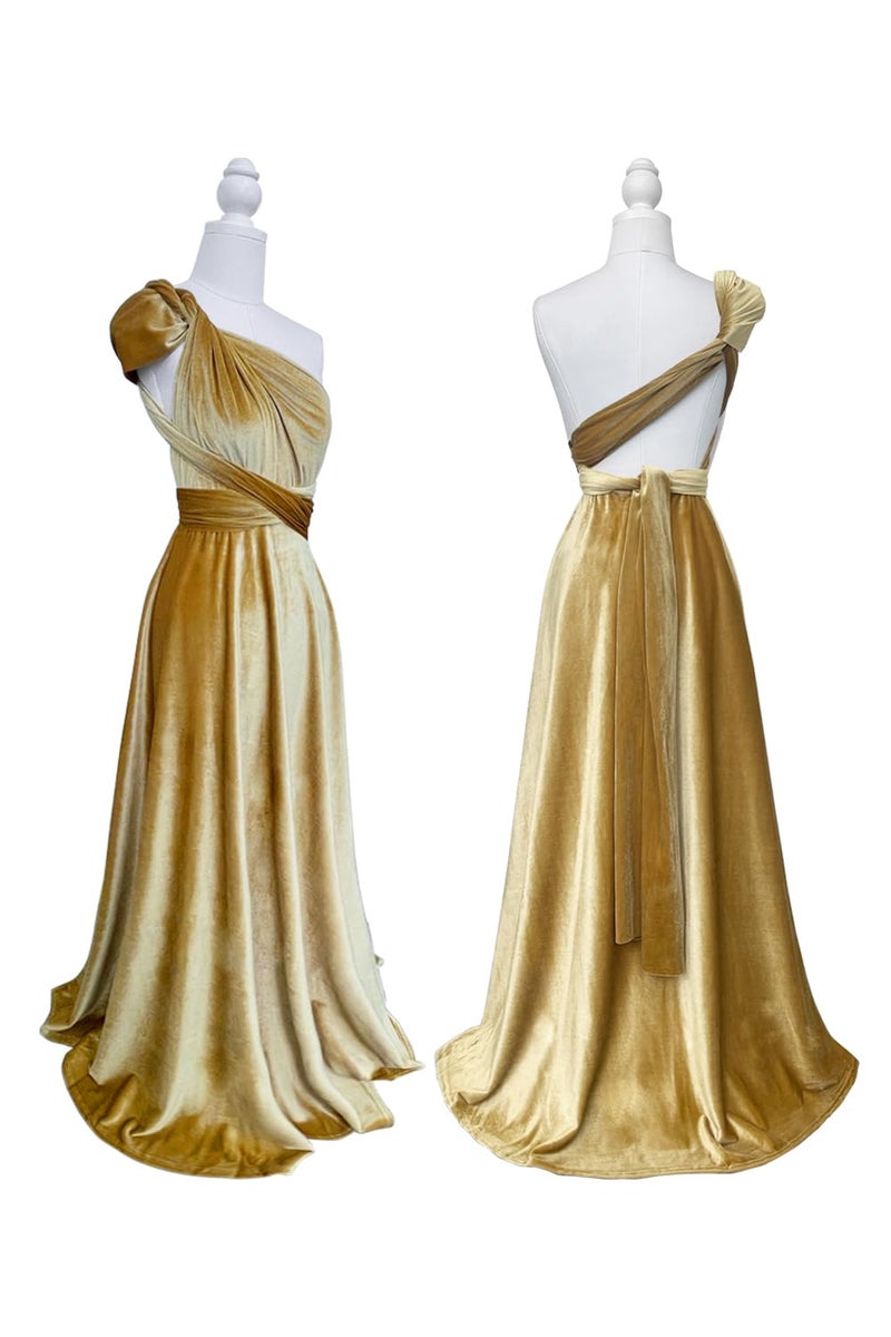72styles Velvet Infinity Dress with Bandeau,Convertible Bridesmaid Dresses,Plus Size Velvet Wrap Maxi Long Dress Multiway Formal Dress Gold - Image 3
