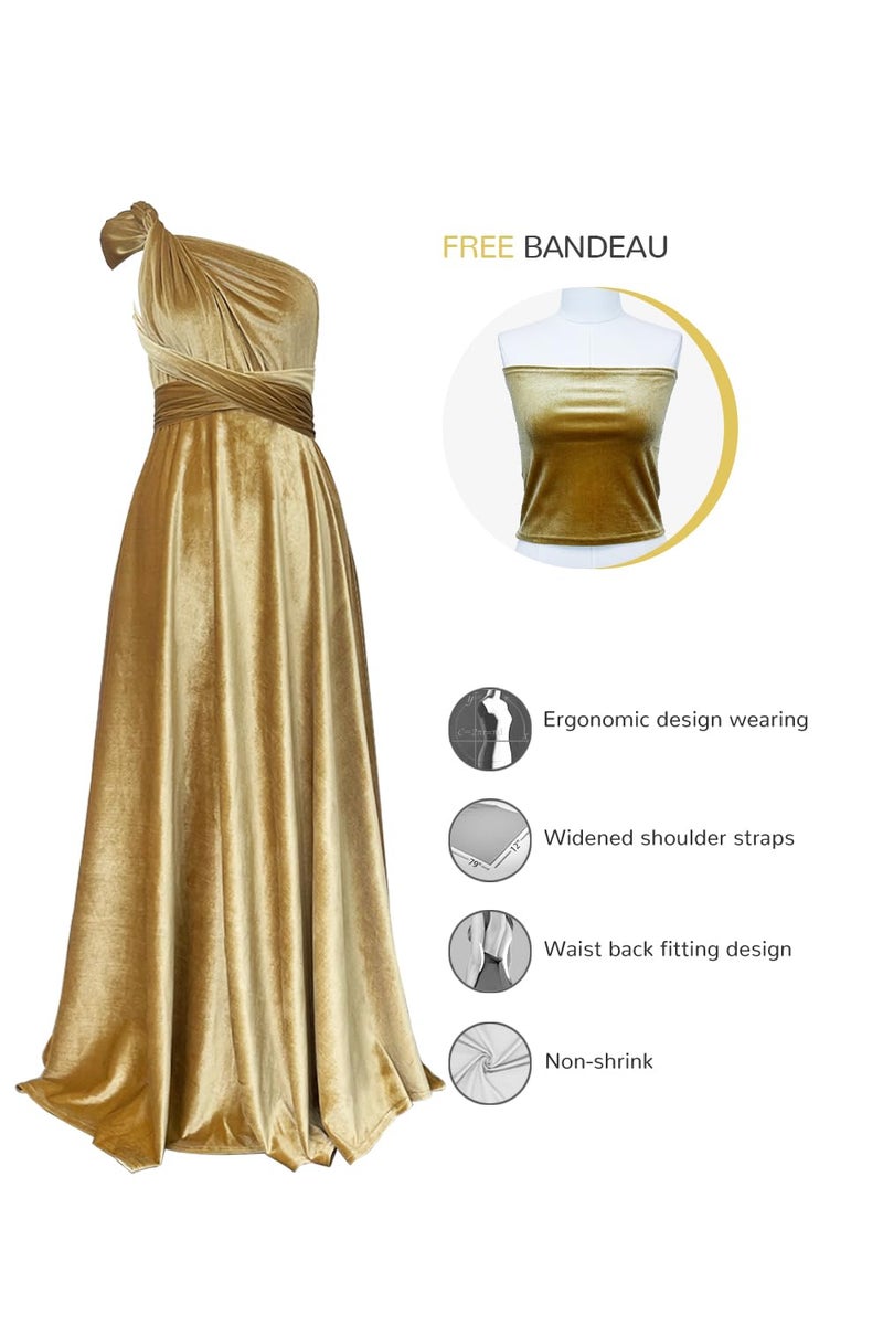 72styles Velvet Infinity Dress with Bandeau,Convertible Bridesmaid Dresses,Plus Size Velvet Wrap Maxi Long Dress Multiway Formal Dress Gold - Image 2