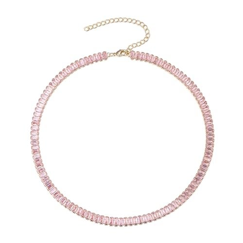 FANZE Sparkly Tennis Necklaces for Women Cubic Zirconia Light Pink Gold Plated Choker Necklace Dainty Jewelry Gifts for Holiday Wedding Party Prom Valentines Day - Image 1
