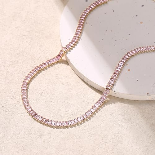 FANZE Sparkly Tennis Necklaces for Women Cubic Zirconia Light Pink Gold Plated Choker Necklace Dainty Jewelry Gifts for Holiday Wedding Party Prom Valentines Day - Image 5