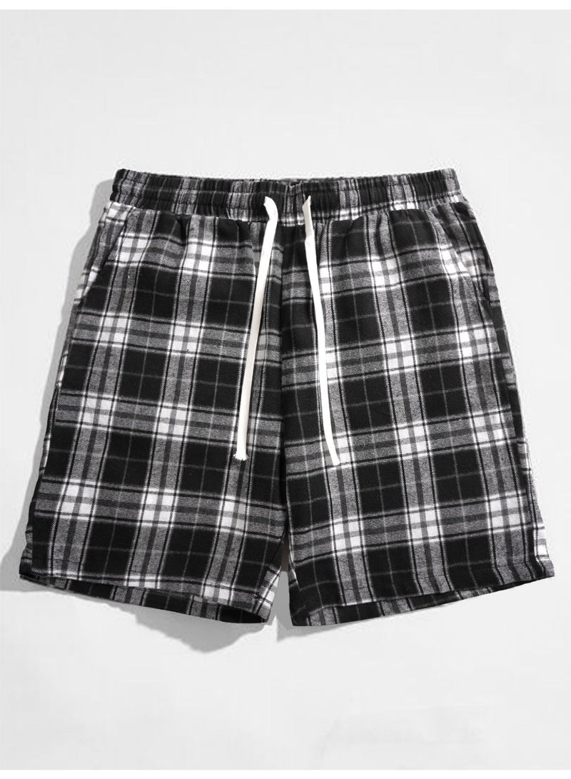 Men's Plaid Casual Shorts Black and White Checkered Shorts Elastic Waist with Drawstring Summer Lounge Shorts For Men - Image 4