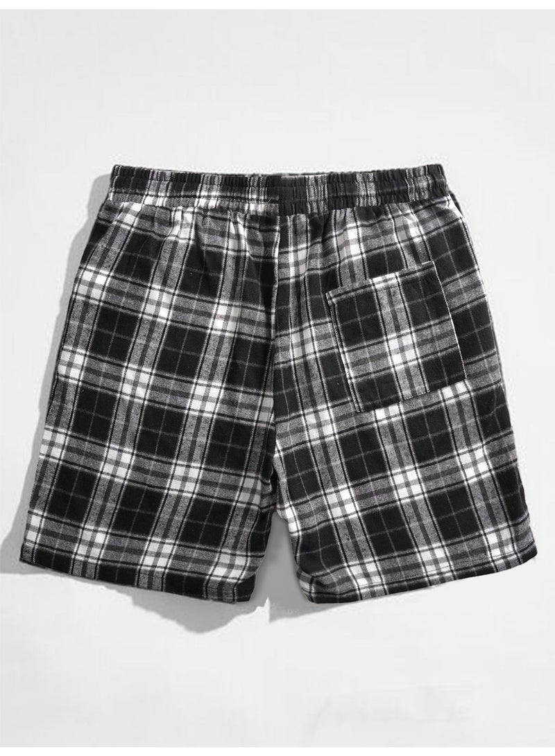 Men's Plaid Casual Shorts Black and White Checkered Shorts Elastic Waist with Drawstring Summer Lounge Shorts For Men - Image 5
