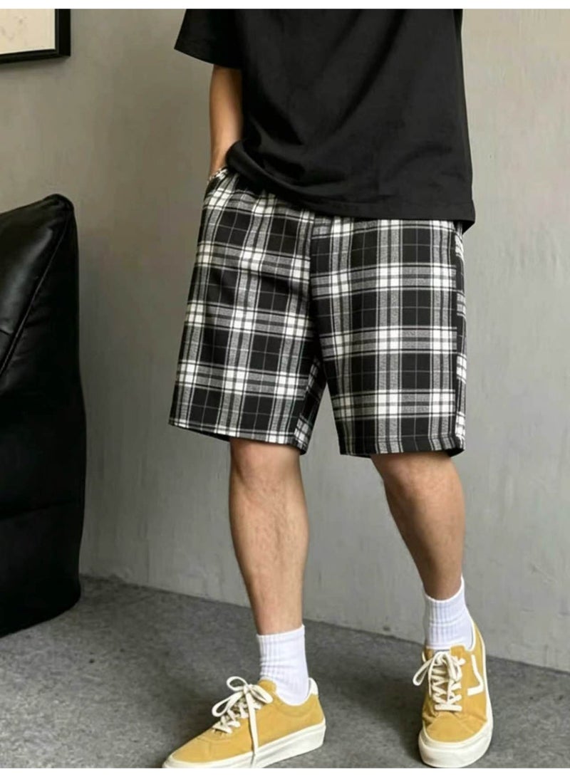 Men's Plaid Casual Shorts Black and White Checkered Shorts Elastic Waist with Drawstring Summer Lounge Shorts For Men - Image 3