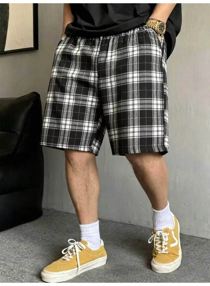Men's Plaid Casual Shorts Black and White Checkered Shorts Elastic Waist with Drawstring Summer Lounge Shorts For Men - Image 2