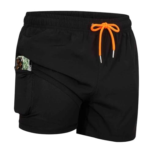 MADHERO Mens Swim Trunks with Compression Liner 2 in 1 Quick Dry Swimming Shorts Swimwear Black Orange Size L - Image 3