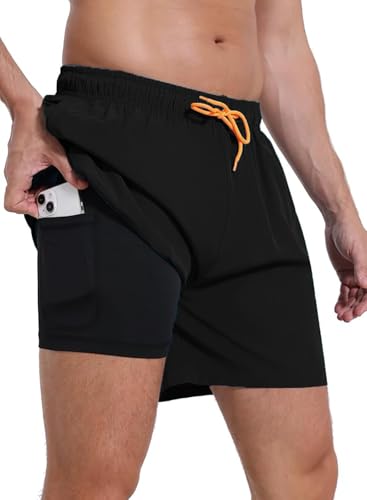 MADHERO Mens Swim Trunks with Compression Liner 2 in 1 Quick Dry Swimming Shorts Swimwear Black Orange Size L - Image 1