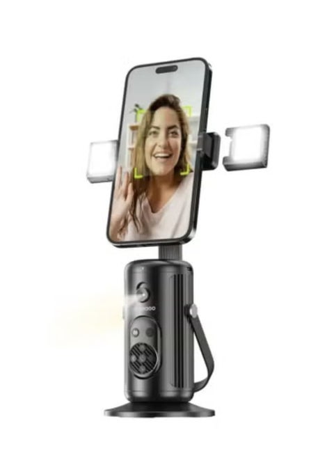 Multifunctional Foldable Phone Stand with Intelligent Face Tracking, 360° Auto Rotation, Dual Adjustable Height & Angle, Hands-Free Mount for Video Calls, Live Streaming, Vlogging & Online Meetings – Black