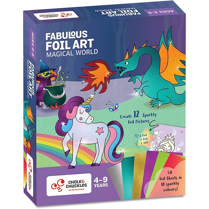 CHALK AND CHUCKLES Art And Craft Kit, Fabulous Foil Art, Gift For Girls, Boys Age 4-9 Year Old, Create 12 Magical World Theme Pictures, Dragon, Princess, Unicorn Toys, White Paper