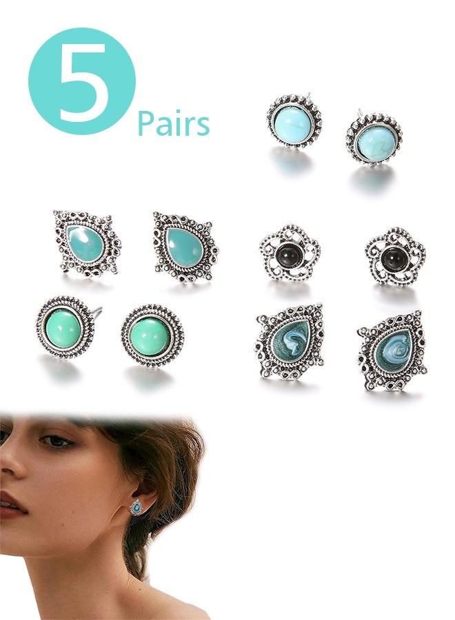 Lemon Turquoise Stud Earrings Set, Women Handmade Gemstone, Oval Round Flower Cut Shape Square Studs, Earrings Boho Turquoise Earrings Trendy Jewelry - Image 1