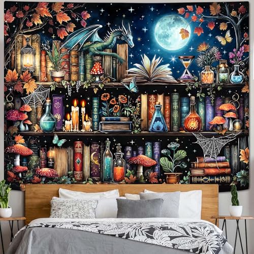 Accnicc Dragon Bookshelf Tapestry Witchy Mushroom Bookshelf Tapestries Wall Hanging Gothic Medieval Fantasy Moon Dark Academia Book Large Tapestry for Bedroom Living Room Dorm 80 x 60 inch - Image 3