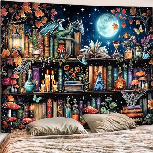 Accnicc Dragon Bookshelf Tapestry Witchy Mushroom Bookshelf Tapestries Wall Hanging Gothic Medieval Fantasy Moon Dark Academia Book Large Tapestry for Bedroom Living Room Dorm 80 x 60 inch - Image 5