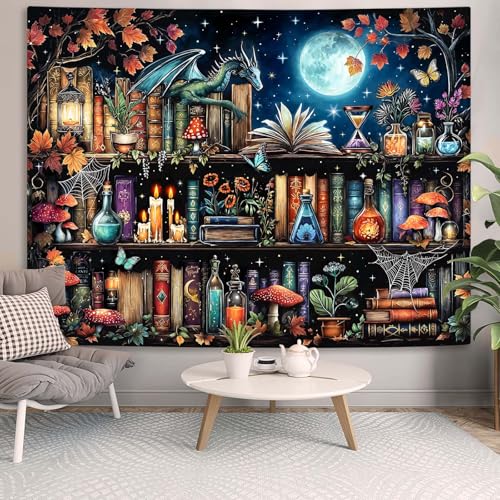 Accnicc Dragon Bookshelf Tapestry Witchy Mushroom Bookshelf Tapestries Wall Hanging Gothic Medieval Fantasy Moon Dark Academia Book Large Tapestry for Bedroom Living Room Dorm 80 x 60 inch - Image 4
